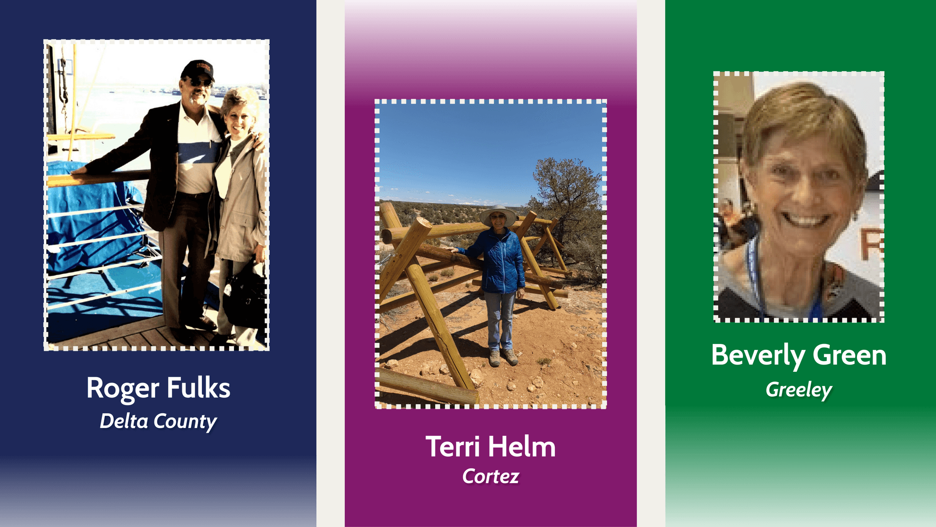 Three panels feature photos of PERA retiree Roger Fulks (Delta County), Terri Helm (Cortez), and Beverly Green (Greeley) with colorful backgrounds and names in white text.