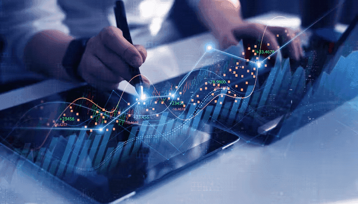 A person using a stylus to interact with a tablet displaying complex financial graphs and charts.