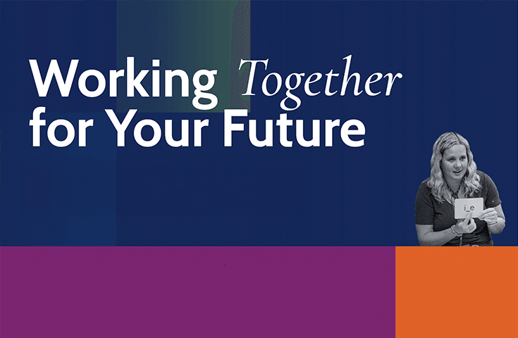 A woman holds a flashcard with "ie" on it, next to the text "Working Together for Your Future" on a blue and orange background.