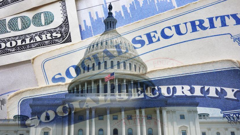 United States capitol in Washington DC with a Social Security card and money
